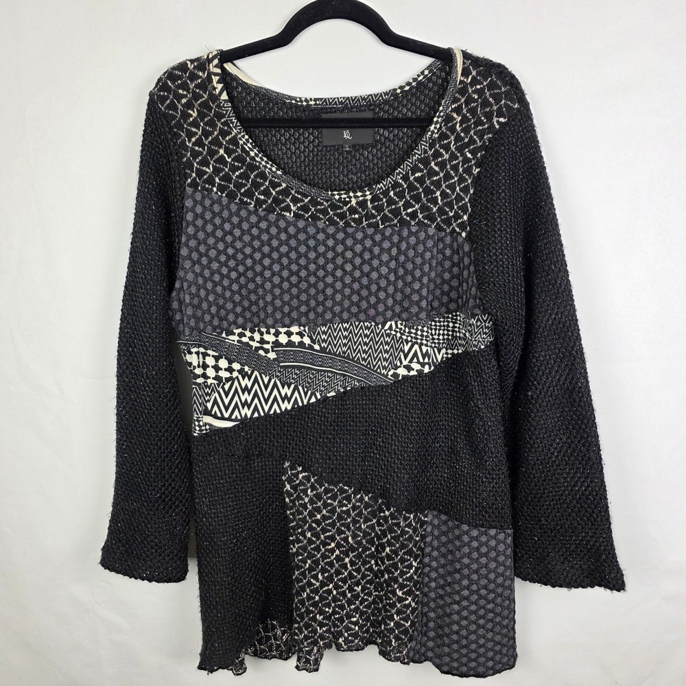 Love The Queen Womens Large Mixed Media Patchwork Knit Tunic Sweater Black White